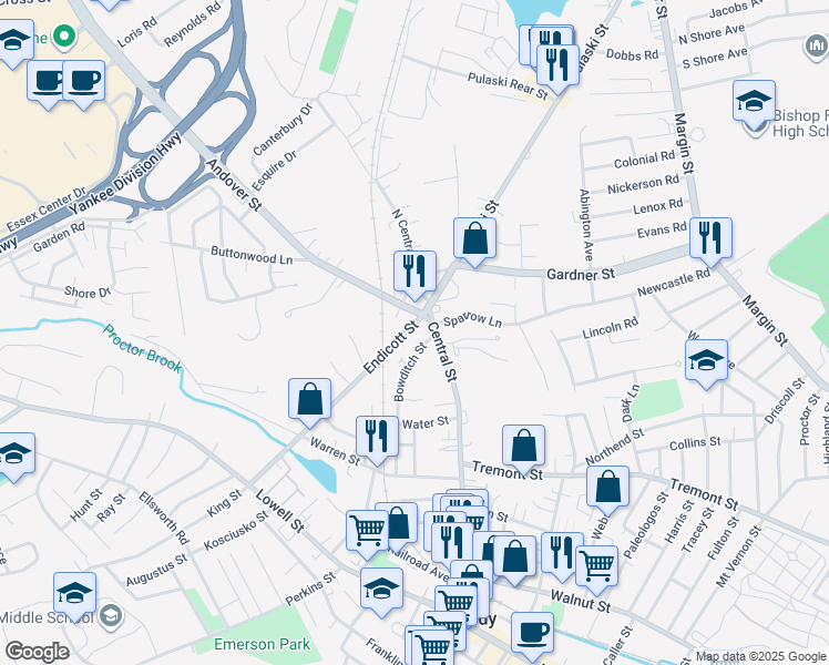 map of restaurants, bars, coffee shops, grocery stores, and more near 8 Endicott Street in Peabody