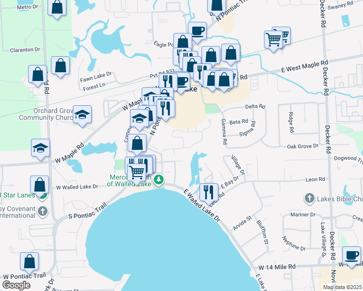 map of restaurants, bars, coffee shops, grocery stores, and more near 623 Winwood Circle in Walled Lake