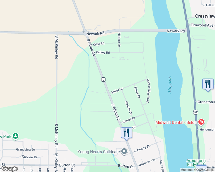 map of restaurants, bars, coffee shops, grocery stores, and more near 2281 South Afton Road in Beloit