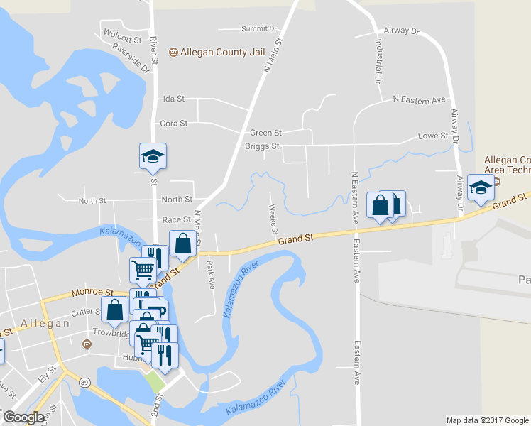map of restaurants, bars, coffee shops, grocery stores, and more near 5 Weeks Street in Allegan
