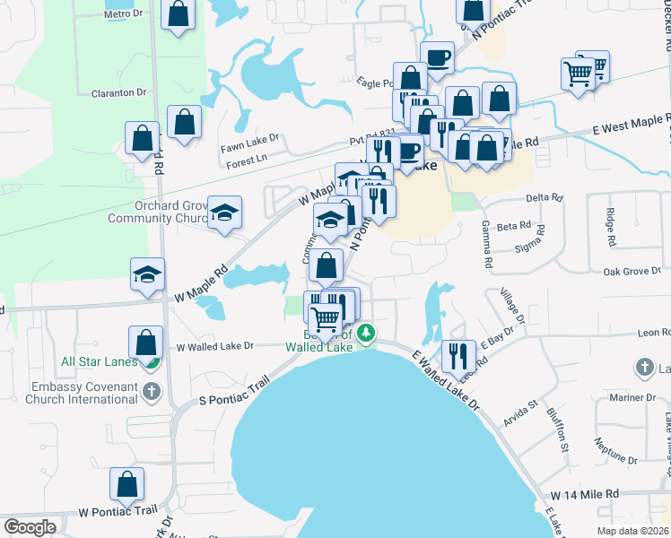 map of restaurants, bars, coffee shops, grocery stores, and more near 405 South Pontiac Trail in Walled Lake