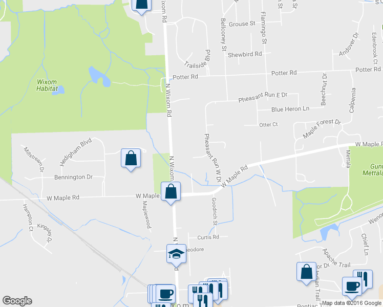 map of restaurants, bars, coffee shops, grocery stores, and more near 3184 Thimbleberry Court in Wixom