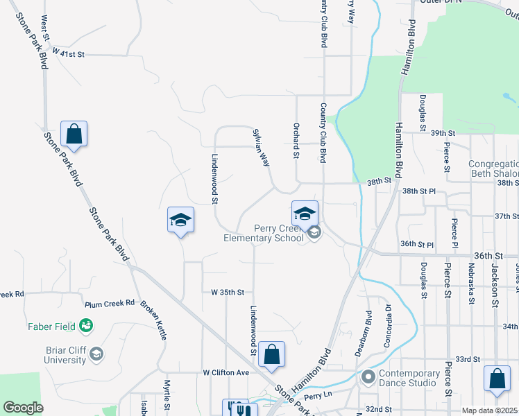 map of restaurants, bars, coffee shops, grocery stores, and more near 3714 Maplewood Street in Sioux City
