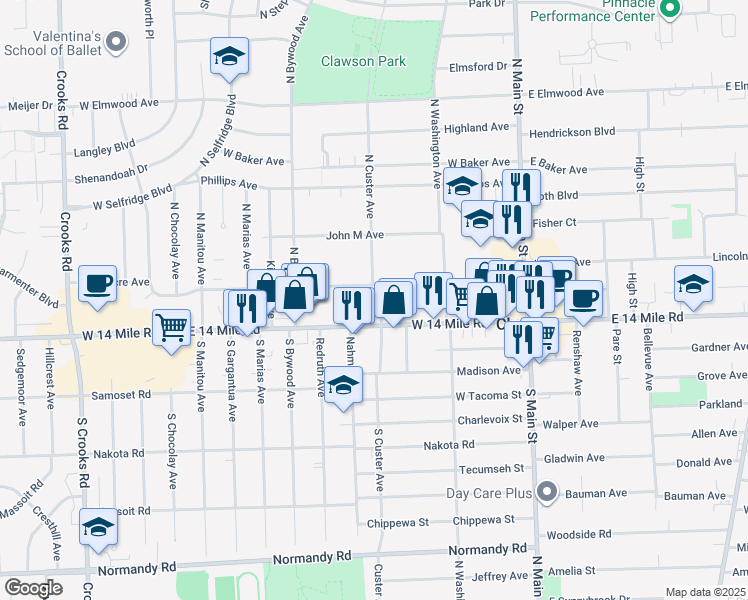 map of restaurants, bars, coffee shops, grocery stores, and more near 40 North Custer Avenue in Clawson