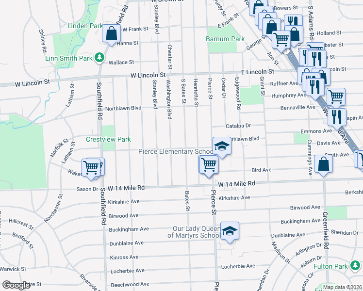 map of restaurants, bars, coffee shops, grocery stores, and more near 1698 South Bates Street in Birmingham
