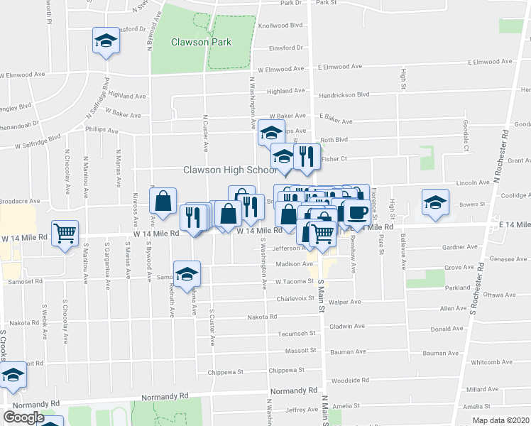 map of restaurants, bars, coffee shops, grocery stores, and more near 102 North Washington Avenue in Clawson