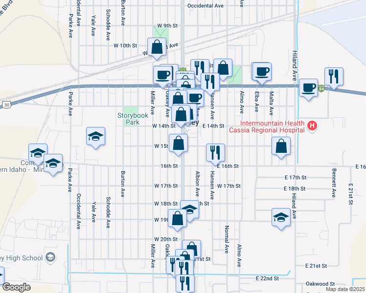 map of restaurants, bars, coffee shops, grocery stores, and more near Overland Avenue & West 15th Street in Burley