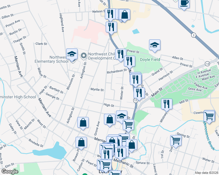 map of restaurants, bars, coffee shops, grocery stores, and more near 40 Belmont Road in Leominster