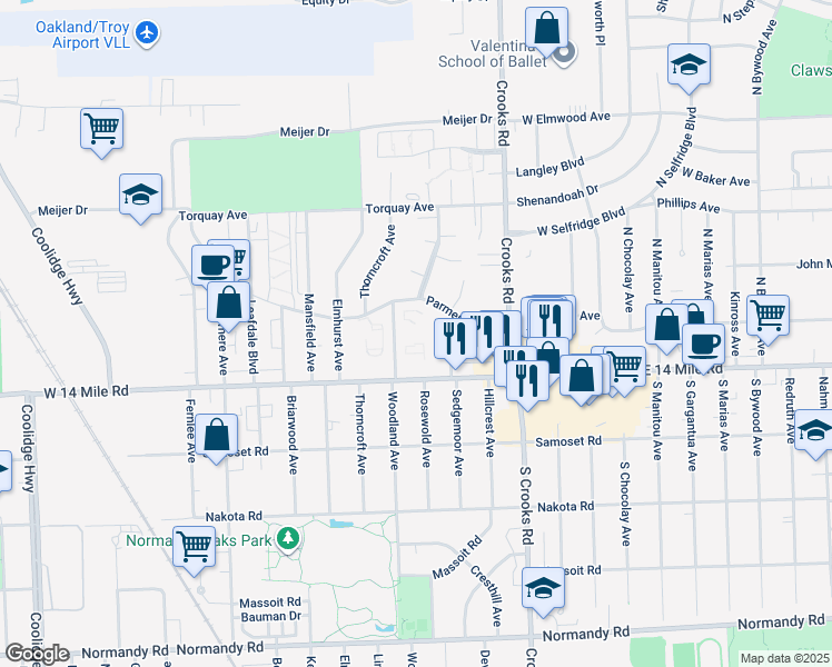 map of restaurants, bars, coffee shops, grocery stores, and more near 4805 Woodland Avenue in Royal Oak