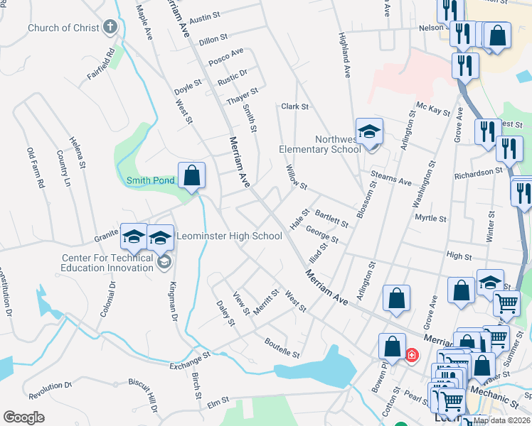 map of restaurants, bars, coffee shops, grocery stores, and more near 44 Hall Street in Leominster