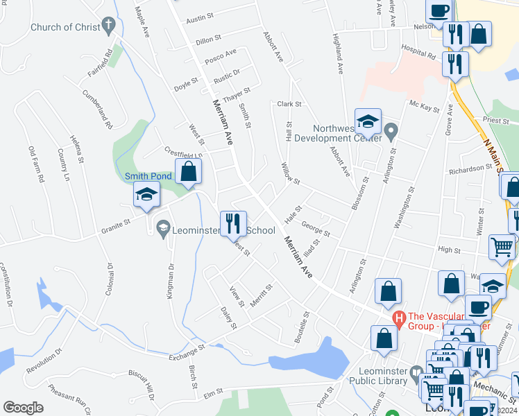 map of restaurants, bars, coffee shops, grocery stores, and more near 44 Hall Street in Leominster
