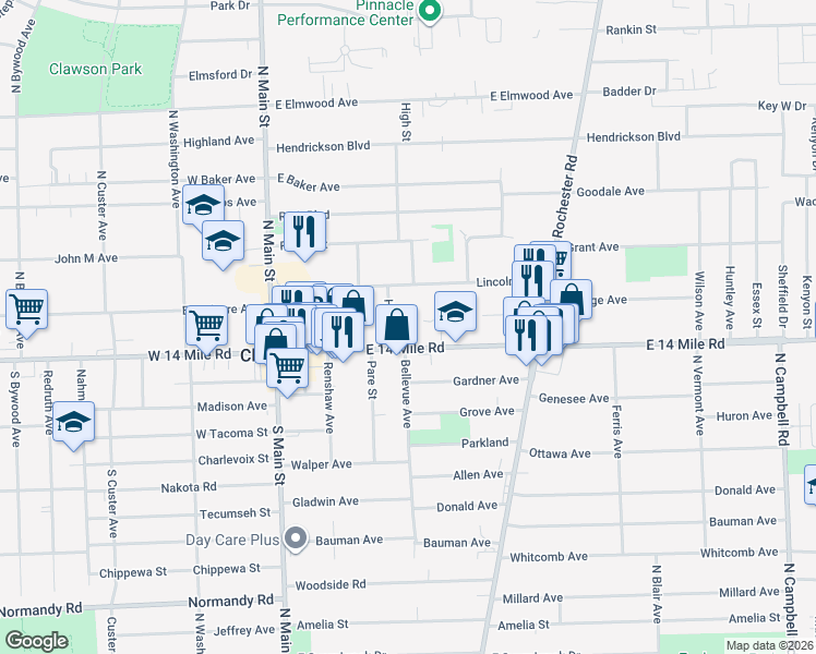 map of restaurants, bars, coffee shops, grocery stores, and more near 34 Maple Grove in Clawson