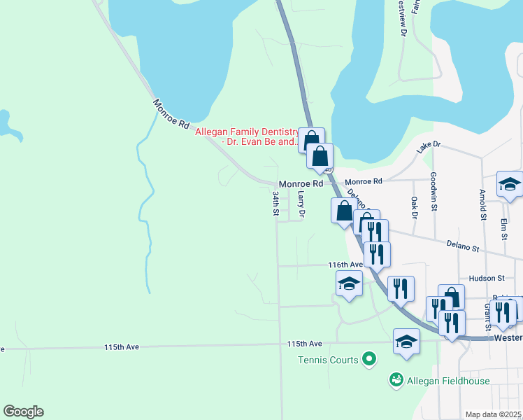 map of restaurants, bars, coffee shops, grocery stores, and more near 1582 34th Street in Allegan