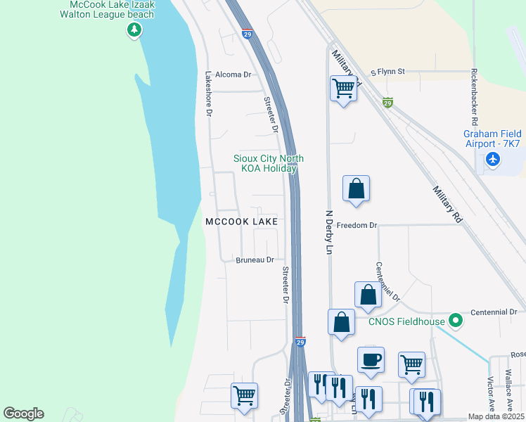 map of restaurants, bars, coffee shops, grocery stores, and more near 627 Streeter Drive in North Sioux City