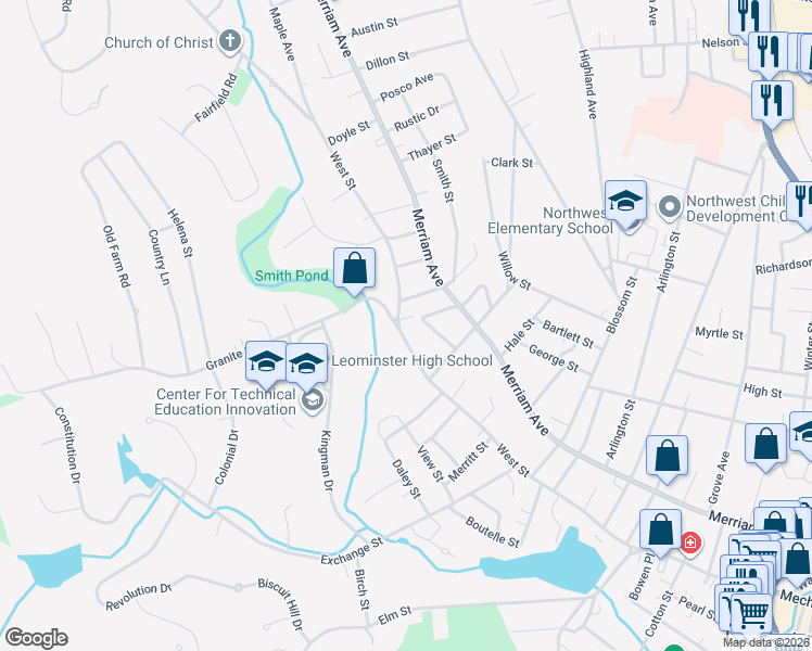 map of restaurants, bars, coffee shops, grocery stores, and more near 32 Porter Street in Leominster