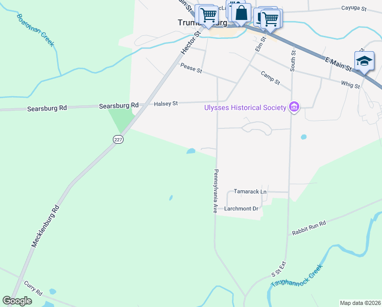 map of restaurants, bars, coffee shops, grocery stores, and more near 224 Pennsylvania Avenue in Trumansburg