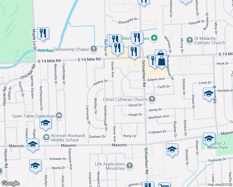 map of restaurants, bars, coffee shops, grocery stores, and more near 32407 Ridgefield Avenue in Warren