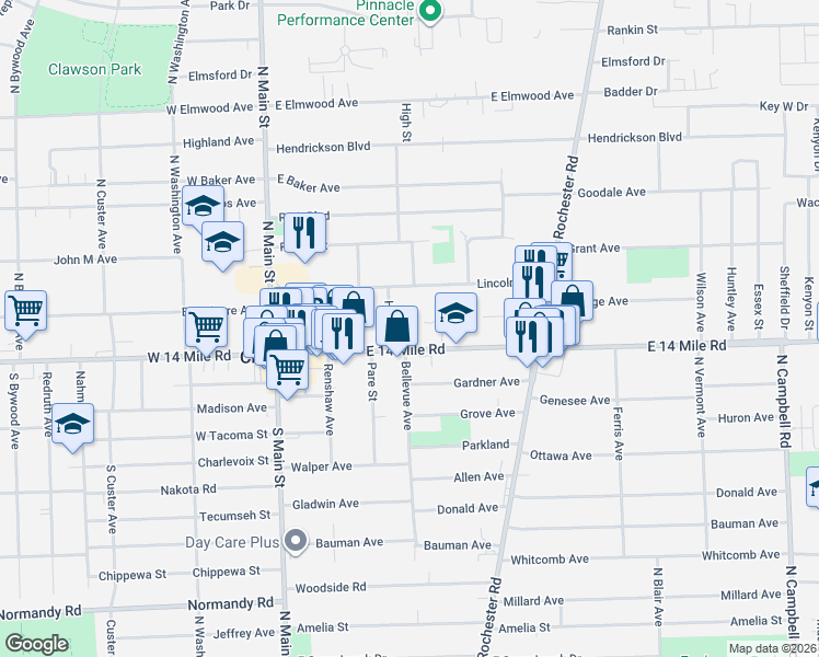 map of restaurants, bars, coffee shops, grocery stores, and more near 34 Maple Grove in Clawson