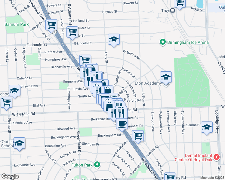 map of restaurants, bars, coffee shops, grocery stores, and more near 1631 Taunton Road in Birmingham