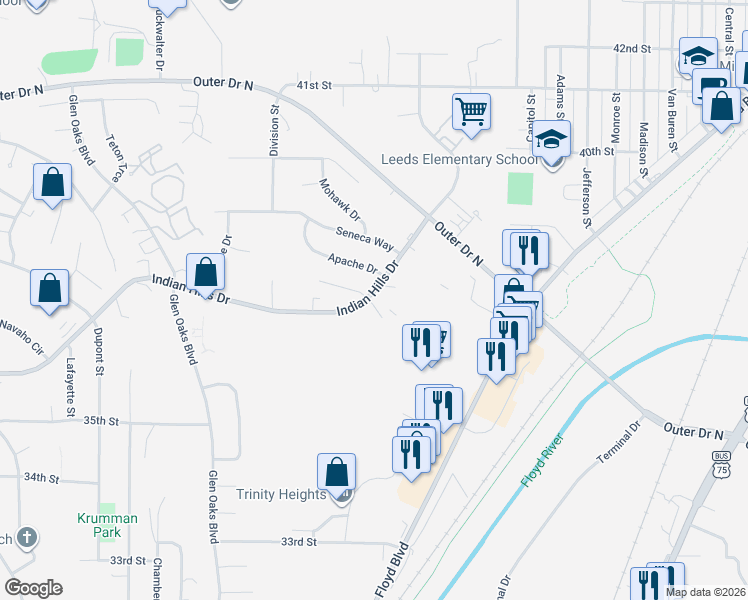map of restaurants, bars, coffee shops, grocery stores, and more near 2601 Apache Court in Sioux City