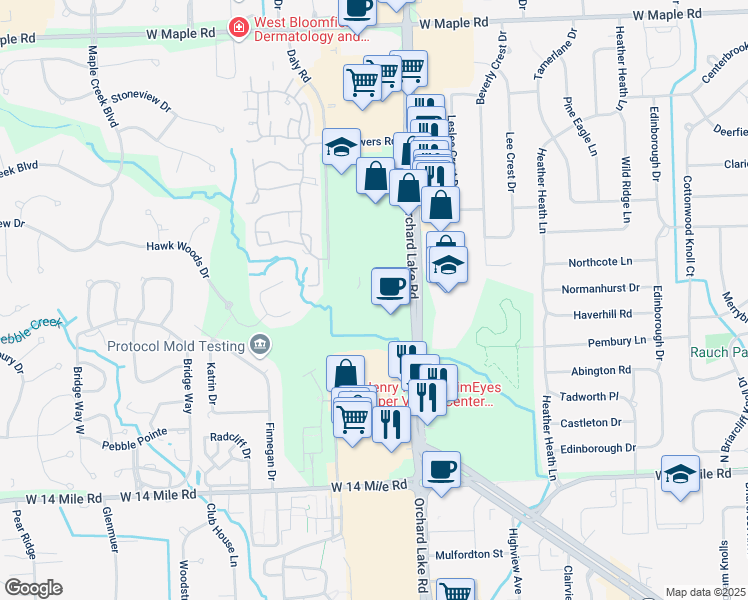 map of restaurants, bars, coffee shops, grocery stores, and more near 7070 Orchard Lake Road in West Bloomfield Township