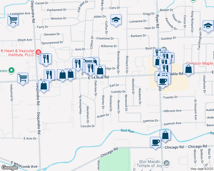 map of restaurants, bars, coffee shops, grocery stores, and more near 3014 Earl Drive in Warren