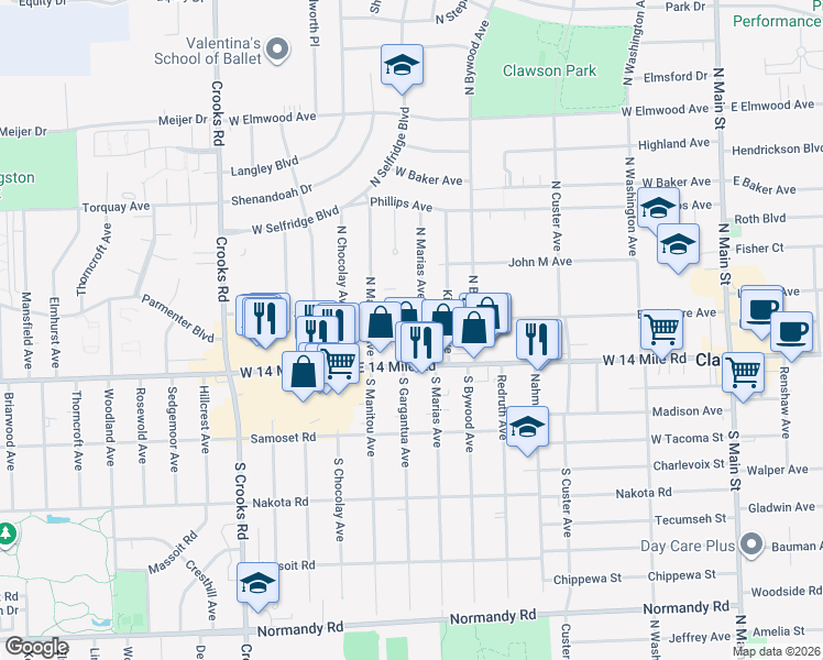 map of restaurants, bars, coffee shops, grocery stores, and more near 825 Broadacre Avenue in Clawson