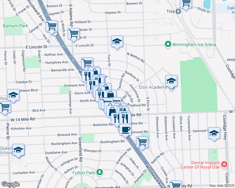 map of restaurants, bars, coffee shops, grocery stores, and more near 1631 Taunton Road in Birmingham