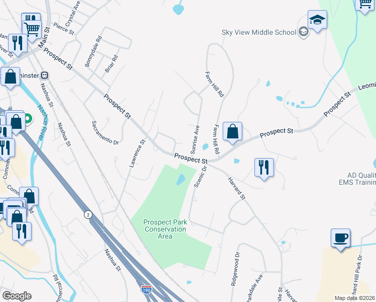 map of restaurants, bars, coffee shops, grocery stores, and more near 8 Sunrise Avenue in Leominster