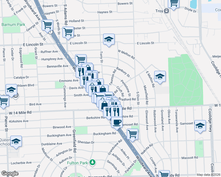 map of restaurants, bars, coffee shops, grocery stores, and more near 1623 Taunton Road in Birmingham