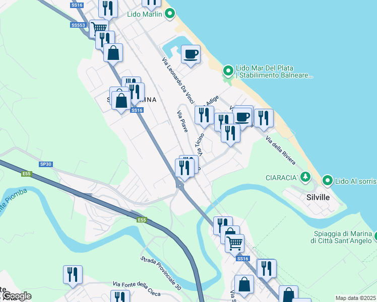 map of restaurants, bars, coffee shops, grocery stores, and more near 44 Via Piave in Silvi