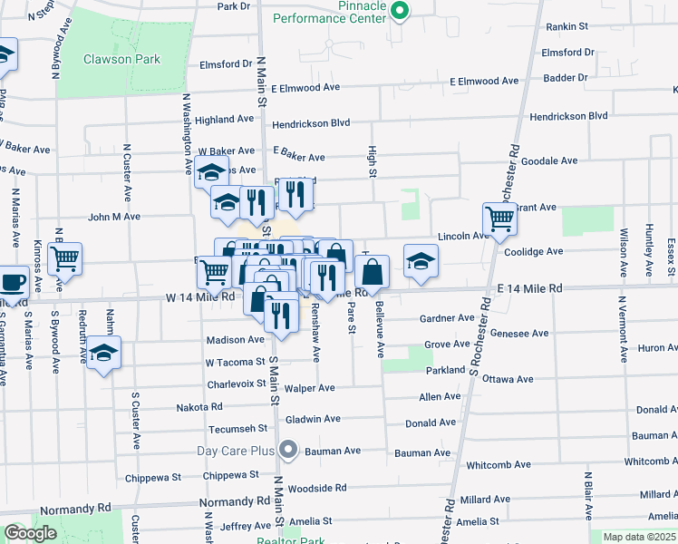 map of restaurants, bars, coffee shops, grocery stores, and more near 243 East 14 Mile Road in Clawson