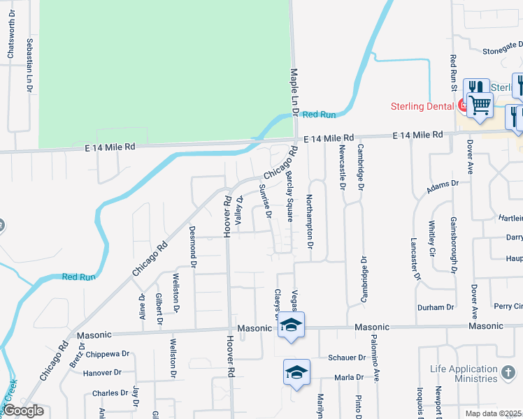 map of restaurants, bars, coffee shops, grocery stores, and more near 32754 Meadowbrooke Lane in Warren