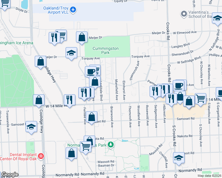 map of restaurants, bars, coffee shops, grocery stores, and more near 4839 Briarwood Avenue in Royal Oak