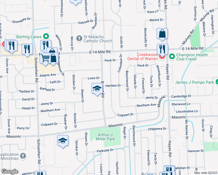 map of restaurants, bars, coffee shops, grocery stores, and more near 32442 Bunert Road in Warren