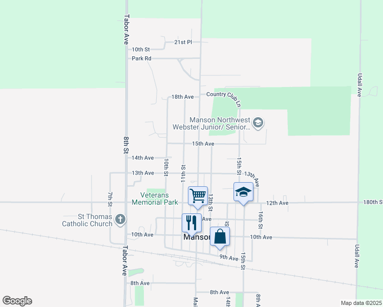 map of restaurants, bars, coffee shops, grocery stores, and more near 1402 Main Street in Manson