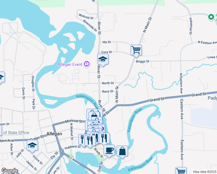 map of restaurants, bars, coffee shops, grocery stores, and more near 212 Race Street in Allegan