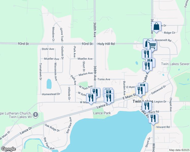 map of restaurants, bars, coffee shops, grocery stores, and more near 110 Toms Avenue in Twin Lakes
