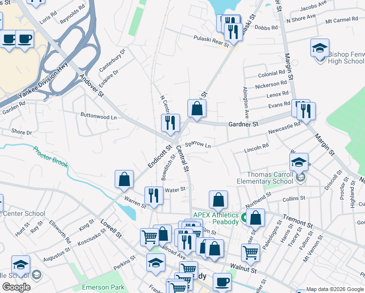 map of restaurants, bars, coffee shops, grocery stores, and more near 8 Wilson Terrace in Peabody
