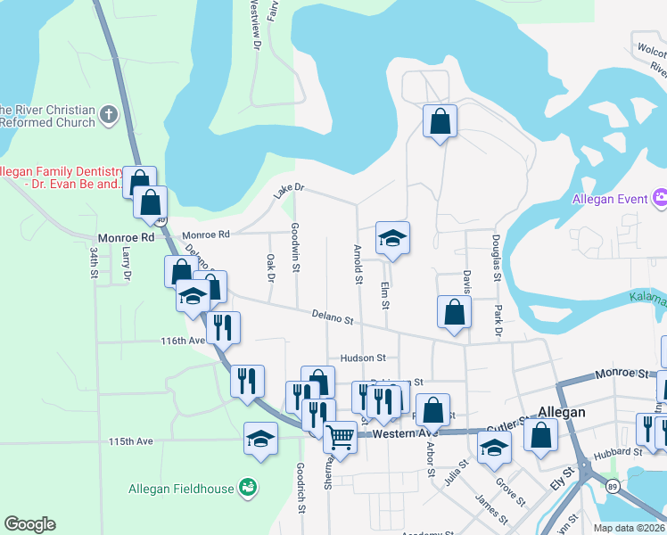 map of restaurants, bars, coffee shops, grocery stores, and more near 171 Arnold Street in Allegan
