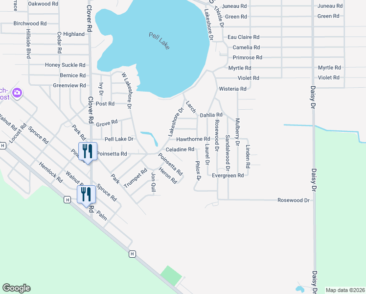 map of restaurants, bars, coffee shops, grocery stores, and more near 1136 Celadine Road in Genoa City