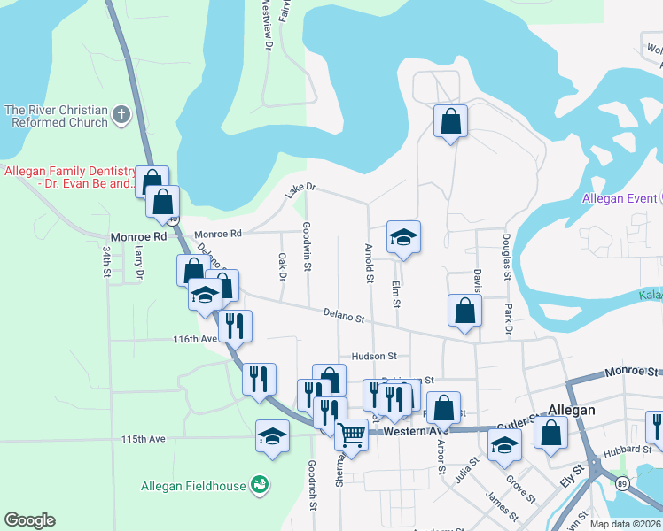 map of restaurants, bars, coffee shops, grocery stores, and more near 126 Goodwin Drive in Allegan