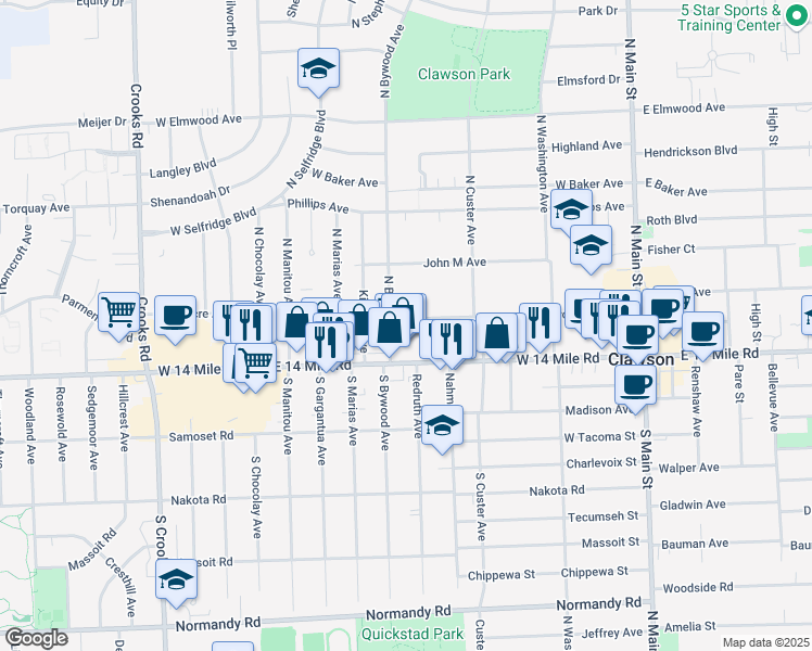 map of restaurants, bars, coffee shops, grocery stores, and more near 631 Broadacre Avenue in Clawson