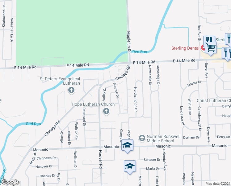 map of restaurants, bars, coffee shops, grocery stores, and more near 32754 Meadowbrooke Lane in Warren