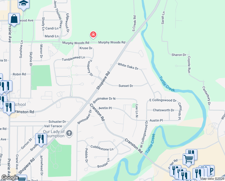map of restaurants, bars, coffee shops, grocery stores, and more near 2517 Bootmaker Drive North in Beloit