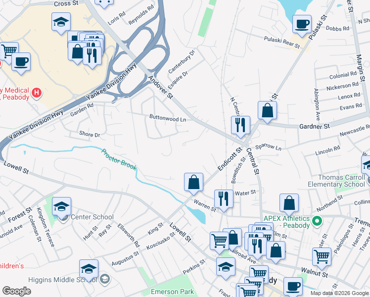 map of restaurants, bars, coffee shops, grocery stores, and more near 14 Hilltop Drive in Peabody