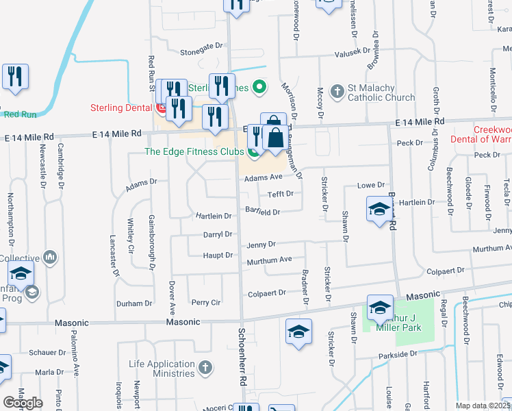 map of restaurants, bars, coffee shops, grocery stores, and more near 13692 Barfield Drive in Warren