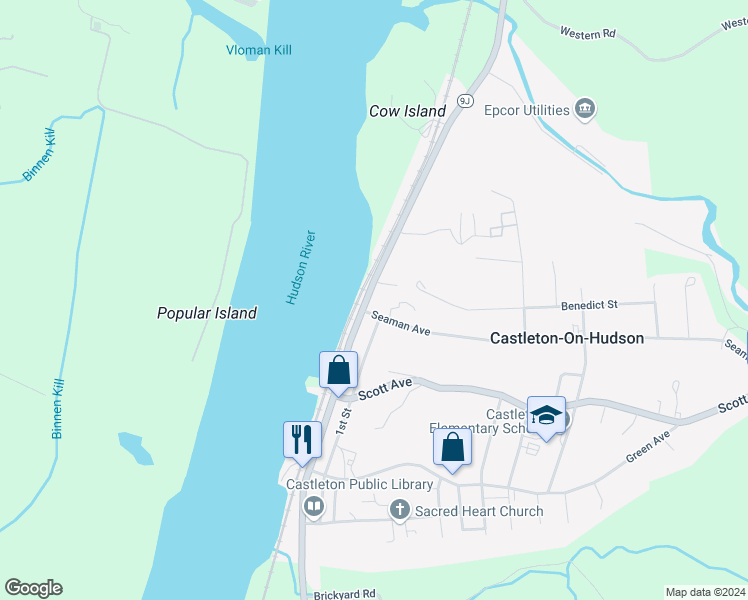 map of restaurants, bars, coffee shops, grocery stores, and more near 38 South Main Street in Castleton-on-Hudson