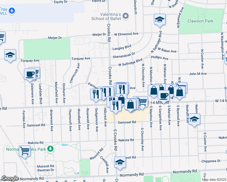 map of restaurants, bars, coffee shops, grocery stores, and more near 100 North Crooks Road in Clawson