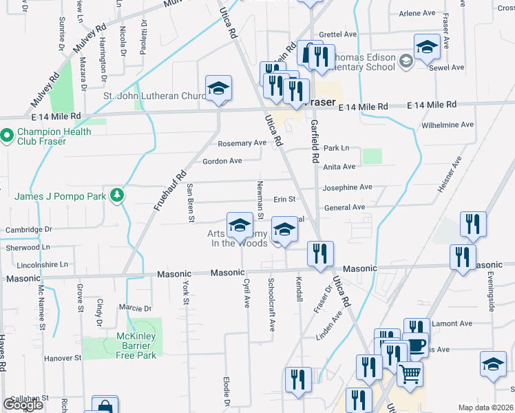 map of restaurants, bars, coffee shops, grocery stores, and more near 16621 Admiral in Fraser
